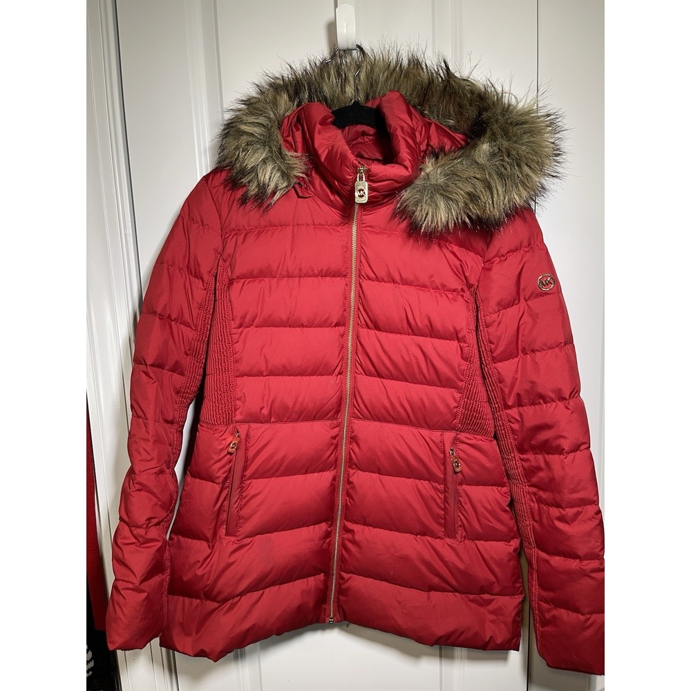 Michael Kors Red Women's Coat Size Medium Faux Fur‎ Hood Puffer Jacket EUC